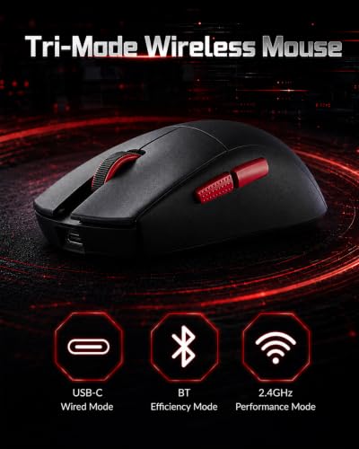 RED SAMURAI Lightweight Wireless Gaming Mouse,Ultra Lightweight 51g,Tri-Mode BT/2.4G/Type-C Wired Mouse,26K DPI Sensor,1000Hz Polling Supported,Programmable Buttons,Griptable for PC/Laptop/Mac - Image 4
