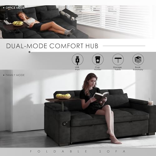 Image of Dreamzie 65'' 3 in 1 Convertible Sleeper Sofa Bed, Chenille Pull Out Couch for Living Room with 90 Swivel Side Table, Loveseat Sleeper with Charging Port | Side Pocket | Cup Holders, Black