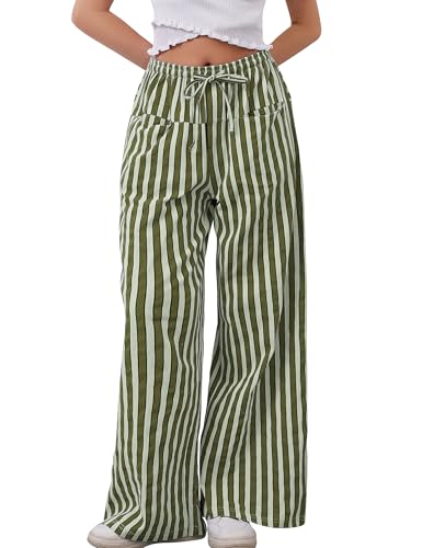 Image of MISSACTIVER Women Drawstring Striped Pants Loose Wide Leg Trousers Casual Low Waist Pants Comfy Lounge Pants with Pockets
