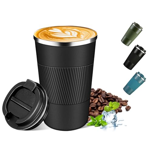 hzfengsheng Taza de viaje aislada a prueba de fugas, vaso térmico de acero inoxidable 304 para café frío caliente, agua, té, termo de 0,38 L para coche, gimnasio, oficina al aire libre (negro)