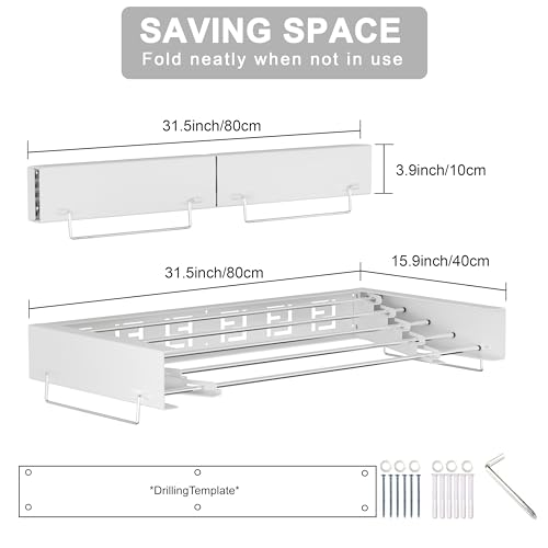 BQKOZFIN 80CM Wall Mounted Clothes Drying Rack, Retractable Laundry Clothes Airer, Collapsible Laundry Drying Rack for Indoor Outdoor Bathroom, Space Saver Compact Sleek Design (White) - Image 2