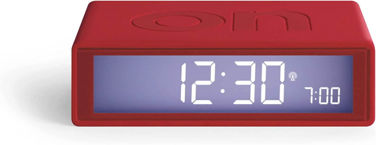 LexonFlip+ Digital Alarm Clock for Bedrooms, Reversible On/Off Faces with Snooze function, LCD display & Touch Sensor Light, Radio Controlled & Battery Operated, Rubber - Red