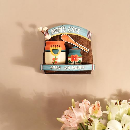 Image of AAKRITI ART CREATIONS Mom's Cafe Dining Room Wall Decor Ensemble with Hand Painted Pots | Floral Art, Matte Finish | Wooden & Ceramic Wall Mount Shelf Decor for Kitchen & Dining Space