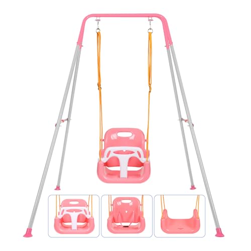 3-in-1 Toddler Swing Set, Baby Swing Set with Foldable Metal Stand for Outdoor/Indoor Play, Safe and Durable Design for Aged 1-10 Years Old, Easy to Assemble & Store (Pink)