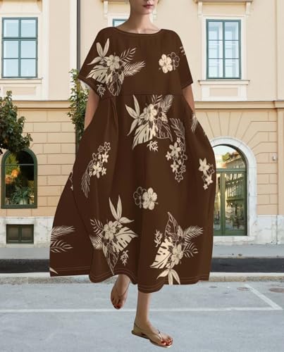 Plus Size Dress for Women Flowy Midi Dress Boho Floral Linen Short Sleeve T Shirt Dresses with Pockets Trendy Summer4
