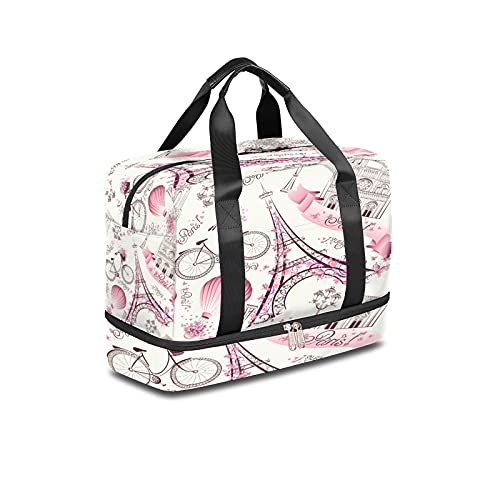 Paris Eiffel Tower Sports Gym Bag with Shoes Compartment,France Floral Flower Travel Duffel Bag for Men Women Boys Girls Teens Overnight Weekend Yoga Workout Bag Training Handbag