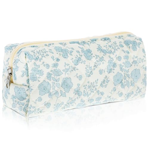 Image of Cute Pencil Case, Aesthetic Flowers Pencil Pouch, Portable Pen Bag Wide Opening, Soft Quilted Pencil Pouch Organizer with Zipper for Office College Storage Makeup Pouch, Blue Flowers