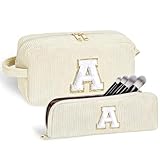 ALIIP Set Neceser Mujer Personalizado Inicial, 2 piezas Neceser de Maquillaje de Pana, Bolsa de Cosméticos de Viaje, Bolsa de Aseo con Letra, Regalo para Mamá Mujeres Novias Mejores Amigas (Beige - A)