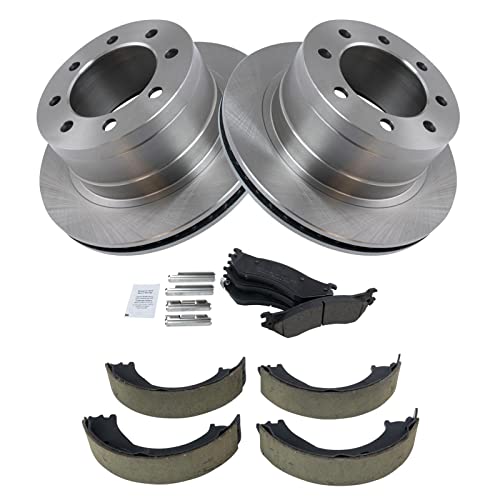 Image of TRQ Rear Brake Pad & Rotor Kit Parking Brake Shoe Set Ceramic Compatible with 2003-2005 Dodge Ram 2500 Ram 3500