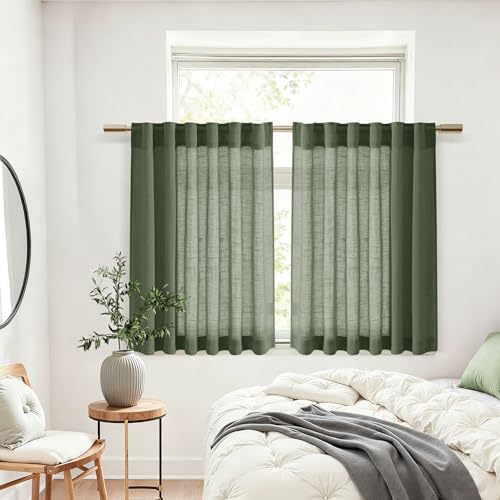 Image of Nanspring Linen Kitchen Curtains 30 Inches Long 2 Panels Olive Green Semi Sheer Short Curtain Back Tab Rod Pocket Solid Privacy Cafe Tier Curtains for Cafe Bathroom Basement 36x30