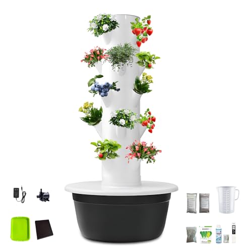 CIELOBLOEN Colonne de Jardin Multifonction 5/7/9 Niveaux, Tour Aéroponique pour Cultiver Fraises et Herbes avec Réservoir Mobile et Design Modulable,5-Layers-Black