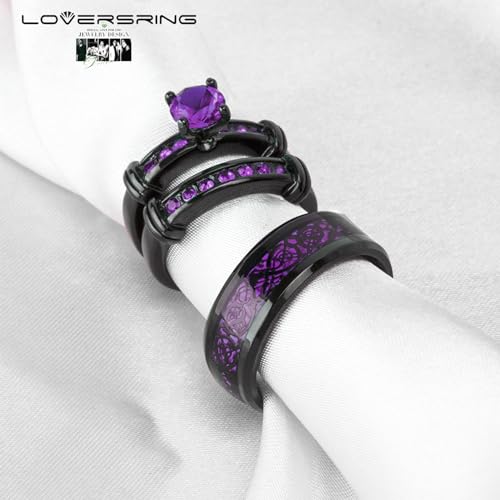 Couple Ring Bridal Set His Hers Black Gold Plated Blue CZ Stainless Steel Wedding Ring Band2