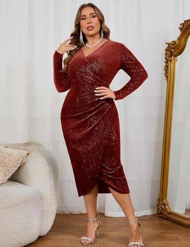 Image of ZOMVA Plus Size Velvet Wrap Dress Ruched Bodycon Dress Long Sleeves Ruffle Long Elegant Party Wedding Guest Cocktail Holiday