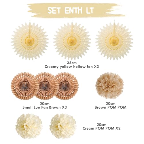 Image of SUNBEAUTY Brown Party Decorations Boho Wedding Party Decor Brown Beige Tissue Pom Poms Paper Fans Hanging Neutral Women Birthday Party Decorations Bridal Shower Baby Shower Rustic Engagement Decor