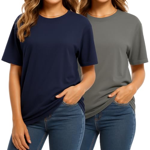 Combed Cotton Summer Tops for Women – Short Sleeve Crewneck T-Shirts, Compact Knit Loose Fit Basic Tees 2 Pack Black White