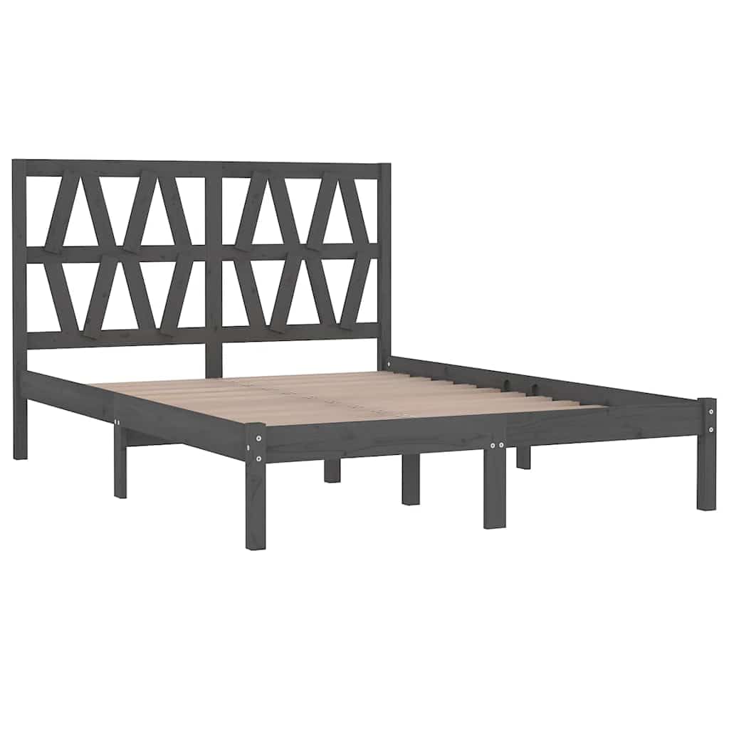 lite drewno sosnowe klasyczna rama lozka szary 200 x 200 cm | Rama łóżka 200x200 cm szara lite drewno sosnowe stabilna podstawa z zagłówkiem do sypialni
