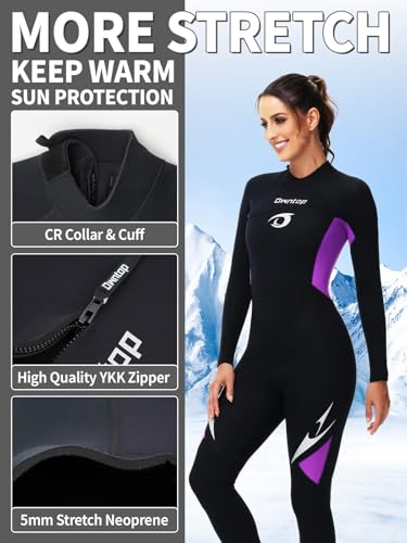 Owntop 5mm Wetsuits for Men Women - Back Zip Neoprene Diving Suit, Adult Full Length Wet Suits, Thermal Flexible Dive Skin for Cold Water Diving Surfing, Women Purple L - Image 4