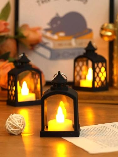 Image of SATYAM KRAFT 12 Pcs Small Antique LED Lantern - Romantic Flameless Hurricane Lamp, Wall Hanging Candle Holder for Home, Gift, Living Room, Bedroom, Wedding Decor (Yellow) (9 x 5.5 cm)