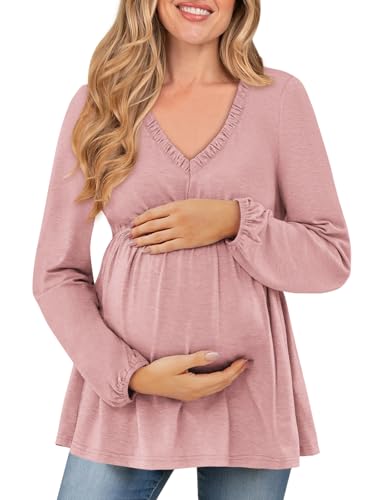 FMEYOA Maternity Dress for Photoshoot Fall Shirt and Blouses 2025 Dressy Solid Color Light Pink Maternity Tunic Tops L