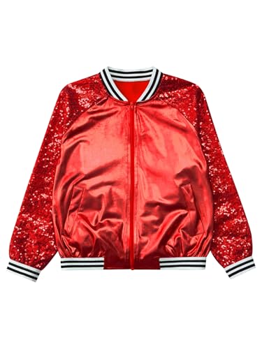 Sequin Jacket for Kids Girls Shiny Sparkly Zip Up Coat V Stand Collar Outerwear for Dancing Show3