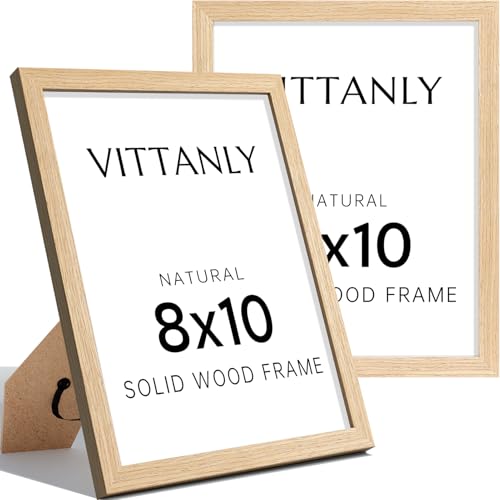Vittanly 8x10 Picture Frame Set of 2, Solid Wood Frame for Wall or Tabletop, Display Photo 5x7 with Mat or 8x10 without Mat, Natural