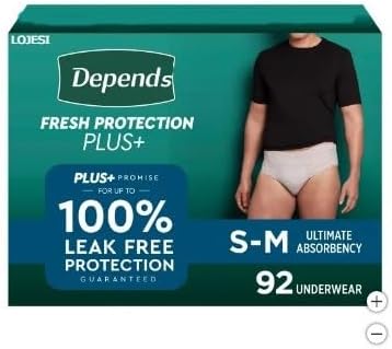 Depends Protection Plus Ultimate Absorbency 3-in-1 Stretch Waistband for A Secure Fit *Discreet Shipping* Small/Medium Size 92 Count for Men Packaging May Vary