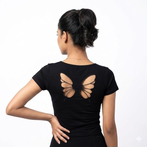 Image of ICW Women's Streetwear Round Neck Butterfly Cutout Back Short-Sleeve Padded Crop Top T-Shirt Dn249