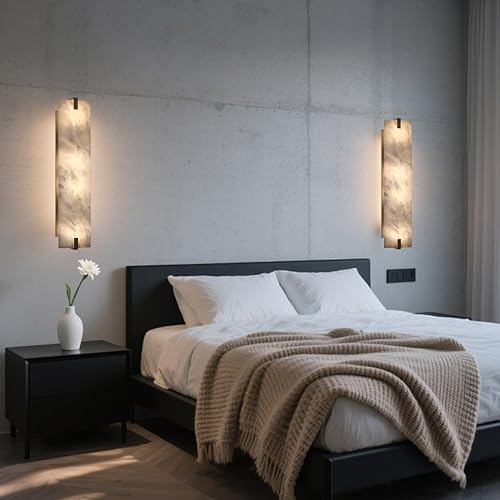 Image of 24.7 inch Natural Square Alabaster Marble Modern Concise 2 Pack 2 Light Wall Sconce Fixture,Oil Rubbed Bronze Finish for Bathroom Bedroom Hallway Bedside Staircase Vanity Mirror