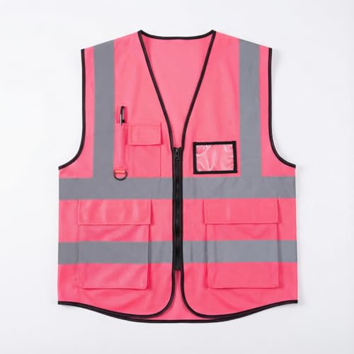 YIPFEN Gilet de Sécurité Adulte Gilet Réfléchissant avec Poches et Fermeture Éclair Gilet Haute Visibilité pour Extérieur (Rose)