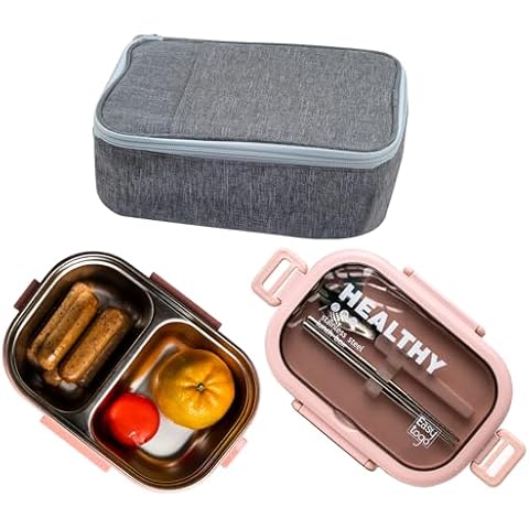 Easy Togo 2 Compartment Bento Box with Lunch Bag & Cutlery Set, 28oz Leakproof, Resusable, Stainless Steel Portion Control Lunch Containers, Salad, Fruit, Food Snack Box - Pink Lunchbox Cover