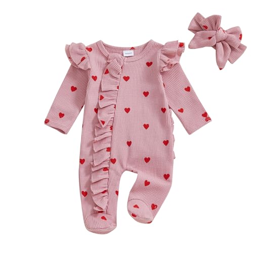 Image of Xiaodriceee Newborn Baby Girl Valentines Outfit Ruffle Heart Print Romper Waffle Jumpsuit Coming Home Outfit