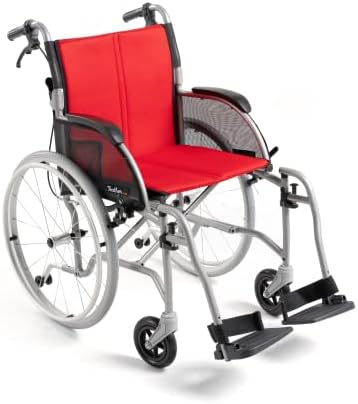 Feather Mobility - Red Cushion 13.5lb Silver Frame Lightweight Folding Wheelchair - with Swingaway Legrests, Anti-tippers, and Quick Release Wheels