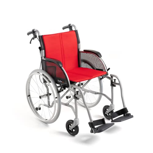 Feather Mobility - Red Cushion 13.5Lb Silver Frame Lightweight Folding Wheelchair - With Swingaway Legrests, Anti-Tippers, And Quick Release Wheels #TOP1