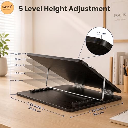 Image of Goodwill Tech Wooden Laptop Desk Table Top with Adjustable Height, Foldable, Writing, Drwaing Desk Stand for Study, Office (Black, 15 x 21 inches)
