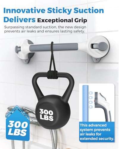 Asluco 2 Pack 16.5\" Suction Grab Bars for Showers with Visual Safety Indicator, No-Drill 4mm Thickened Handicap Shower Handle for Seniors, Non-Slip Bathroom Balance Rail for Smooth Tiles & Tubs