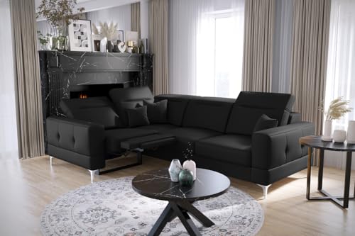 Friderik Sofá esquinero Malibu Relax con función de dormir – 185 × 250 cm – Piel sintética Madryt – Superficie de descanso 116 × 187 cm – Reposacabezas regulable en altura (negro, izquierda)