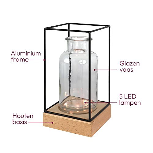 Gadgy Vaasje met verlichting | decoratieve vaas met Ledverlichting | Houten basis en metalen Frame | Industrieel Scandinavisch design | 22,5 x 10,8 cm. - Afbeelding 5