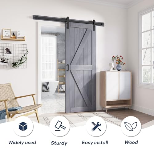 Image of FREDBECK 28in x 84in Grey Barn Door, Solid Wood,Double Surface,K-Frame,Gray