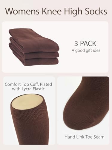 Image of COTTON DAY Women's Soft Combed Cotton Knee High Long Calf Dress Socks Seamless Toe Black White Gray Navy Blue Brown 3 Pack