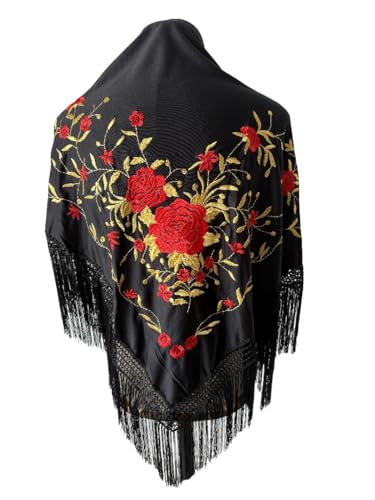 Genérico FLAMENKA ROCIERA Mantón de Flamenca, Mantoncillo Bordado Floral, 150x80cm con Flecos de 24cm, Poliéster