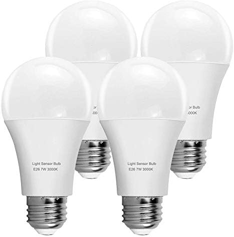 KINDEEP Motion Sensor Light Bulb, A60 7W LED Smart Bulb Dusk to Dawn, E26 Base, 3000K, Soft White, Auto On/Off, 4 Packs