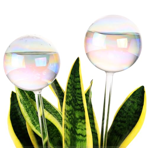 Soilagua 13 oz Extra Large Wick-Controlled Plant Watering Globes Self Watering Globes for Everyday and Vacation Use Iridescent Glass Water Bulbs Automatic Plant Waterer 2 Pack
