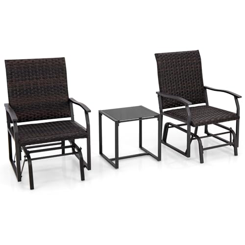 GYMAX Salon de Jardin Extérieur 2 Personnes en Rotin, 2 Chaise de Relaxation à Bascule, Table Basse en Verre Trempé, Cadre Robuste en Métal, Mobilier de Jardin pour Porche, Patio, Terrasse, Balcon