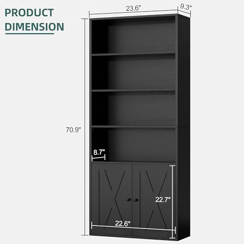 Shintenchi Bookshelf, Industrial Bookshelves and Bookcases with Doors Floor Standing 6 Shelf Display Storage Shelves 70.9 inches Tall Bookcase for Home Office, Living Room (Black) - Image 4