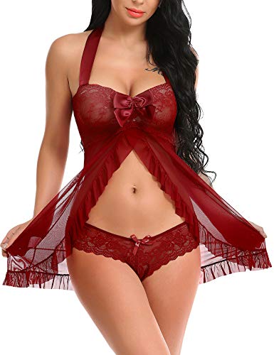 Ababoon Women Lingerie Nightwear Sexy Babydoll Lace Chemise Wine Red