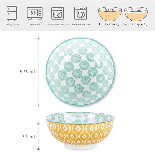 Selamica Ceramic Large Salad Bowls Set, 53 OZ Pho Bowls 8 Inch Soup Bowls for Kitchen, Large Serving Bowls for Ramen Pasta Fruit Dinner, Stackable & Sturdy, Set of 3, Assorted Colors