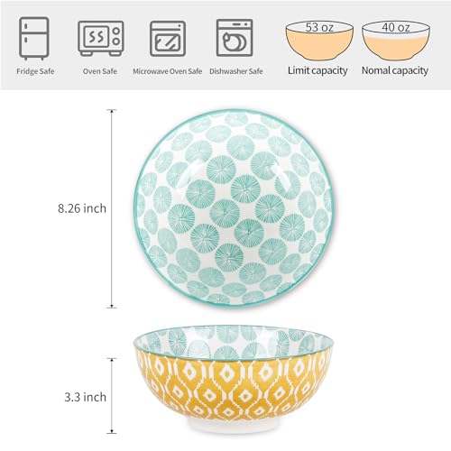 Selamica Ceramic Large Salad Bowls Set, 53 OZ Pho Bowls 8 Inch Soup Bowls for Kitchen, Large Serving Bowls for Ramen Pasta Fruit Dinner, Stackable & Sturdy, Set of 3, Assorted Colors