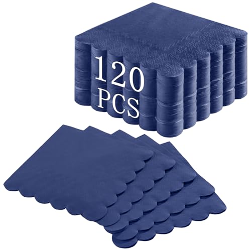 NatNarr 120 Pcs Cocktail Napkins Navy Blue Paper Napkins Scalloped 5 Inch