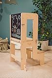 Family Nation, Torre Montessoriana 3 in 1, con Lavagna Magnetica, Convertibile in Tavolo e Sedia, per Bambini da 1 Anno di età, Struttura in Legno con Supporto Extra, Natural, 42x45x86 cm