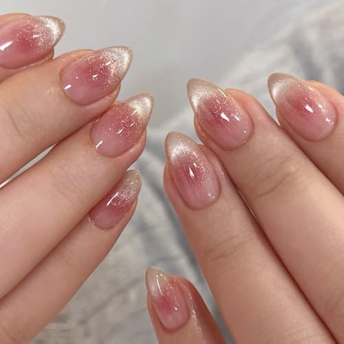 30pcs Short Almond False Nails Cat Eye Press on Nails Blush Pink Ombre Stick on Nail Removable Glue on Acrylic Fake Nail Accessories for Women